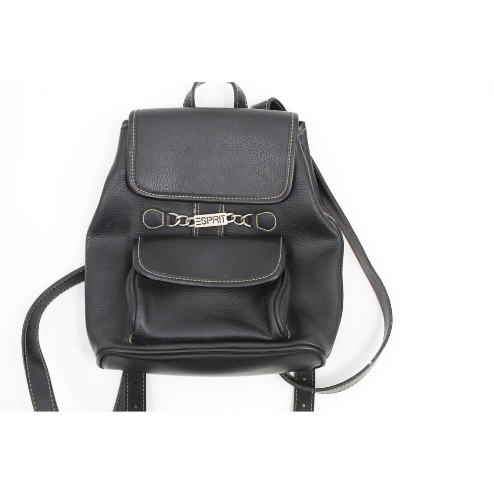 Vintage Esprit Mini Backpack Black Pebbled Faux Leather‎ Chain Logo 90s Y2K Bag